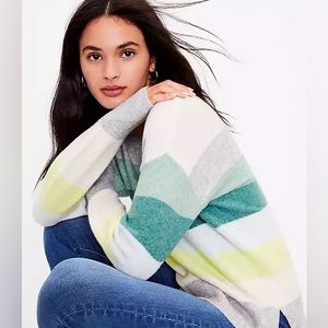 LOFT Striped V-Neck Sweater Green (Size XS)
